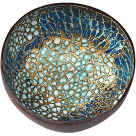 ChezMax Natural Coconut Bowl with Mother of Pearl Inlays - Key Bowl & Fruit Snack Holder (Blue-Gold)