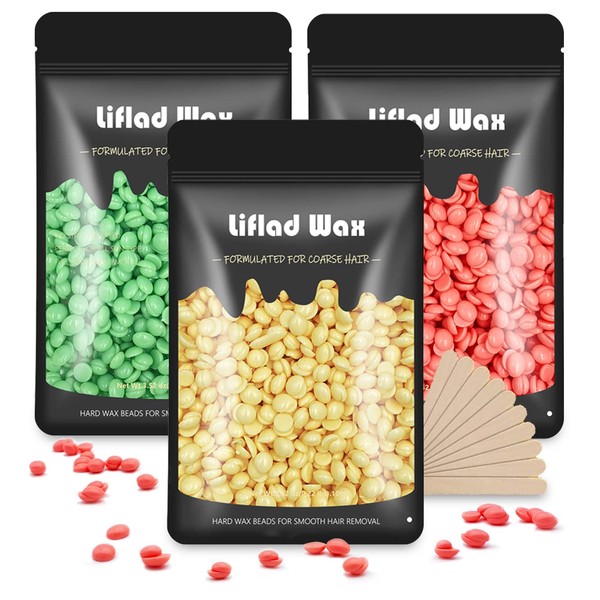Liflad Wax Beads for Coarse Hair Removal Kit – 3 Pack Depilatory Hard Wax Beans with Spatulas – Wax Refills for Face, Eyebrow, Back, Chest, Bikini Areas, Legs - Perfect Refill for Any Wax Warmer