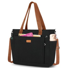 Canvas Tote Bags for Women Waterproof Crossbody Purse Large Capacity Handbags Multiple Pockets Shoulder Bag Tote Bag with Zipper for Work Travel College Beach,Black Brown