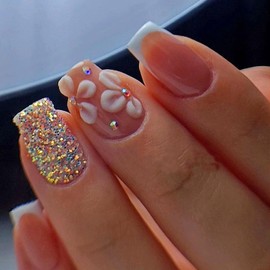 French Press on Nails Short Fake Nails with Square Designs White Flowers Acrylic Nails Nude Translucent Nails Press ons Glitter Glue on Nails Rhinestones & Fall Stick on Nails for Women 24 Pcs