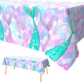 Xinvery Mermaid Tablecloth, Purple Mermaid Party Tablecloth, Rectangular, Plastic, Mermaid Theme, Birthday Party Decoration for Children, Girls, Boys, 137 x 274 cm