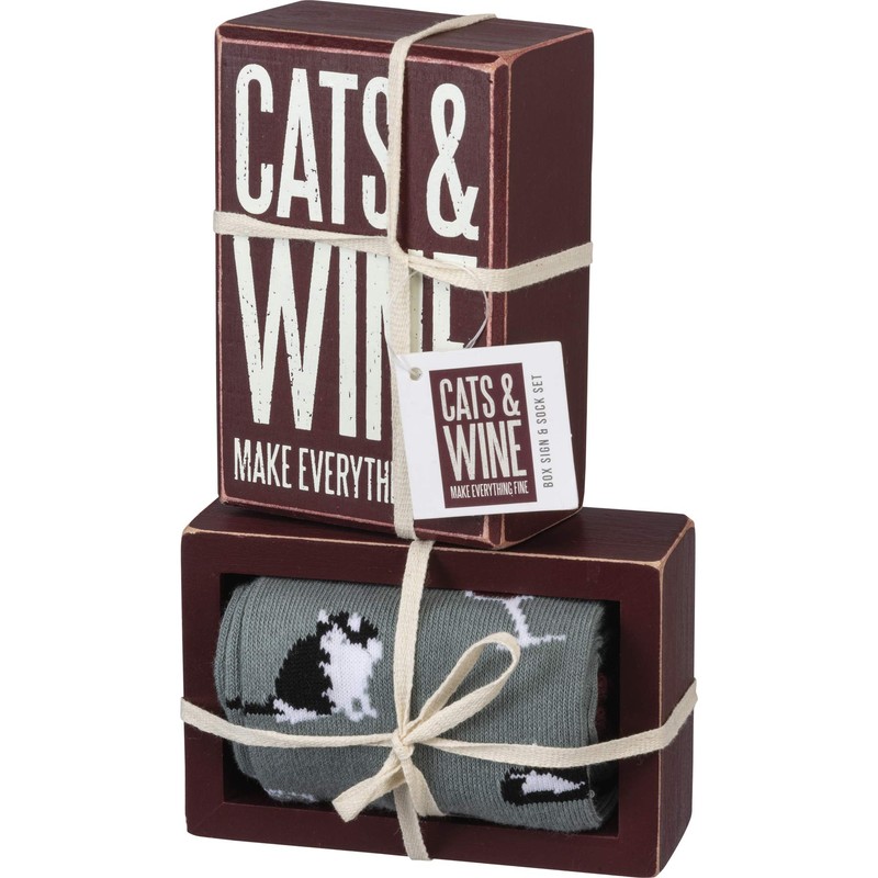 Primitives by Kathy Set Gift Socks, Cats & Wine