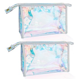 Pack of 2 Fashionable Pink Makeup Pack, PVC Bows Transparent Travel Makeup Organiser Bag Multifunctional Toiletry Bag with Zip for Women, Overall transparent., Modern