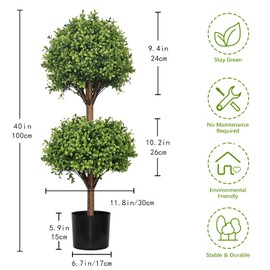 THE BLOOM TIMES 40 Inch Artificial Topiary Double Ball Boxwood Tree,Set of 2 Fake Potted Plants Faux Bushes & Shrubs Plants for Outdoor Planter Front Proch Decor