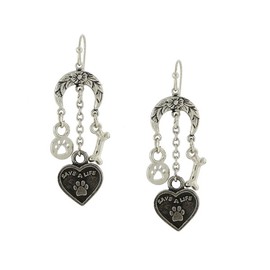 Silver Tone Paw Bone Heart Charm Floral Earrings Dog Cat Animal Rescue