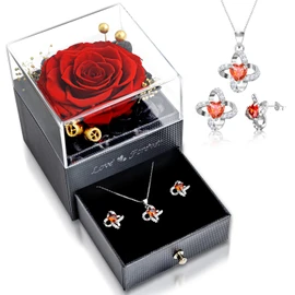 Preserved Real Rose with Necklace Earrings Set, Eternal Rose Flowers Gifts for Anniversary Birthday Valentine's Day Mothers Day Christmas (Red)