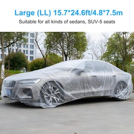 4 Pack Disposable Car Covers, Clear Plastic Car Cover Universal Vehicle Rain Dust Garage Cover Cars Protective Covers with Elastic Band Medium for Sedan Outdoor Snow Rain Weather(15.7FT x 24.6FT)