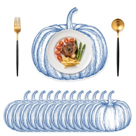 FYSUIMU 50 Pcs Fall Pumpkin Shaped Paper Placemats Line Drawing Blue Pumpkin Disposable Place Mat Decorative Paper Table Mats for Fall Thanksgiving Harvest Party Table Setting, 12.2 x 11.8 Inch