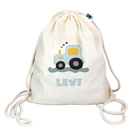 Manilu Gym Bag with Animal Motif and Name of Your Choice, Made of Organic Cotton, Backpack, Sports Bag, Laundry Bag, Children, Gift, Tractor Blue