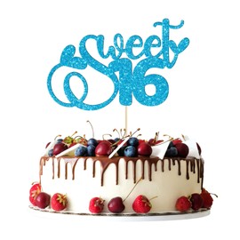 Decoración para tartas de 16 cumpleaños con purpurina para 16 años, decoración para tartas de 16 años, color azul claro