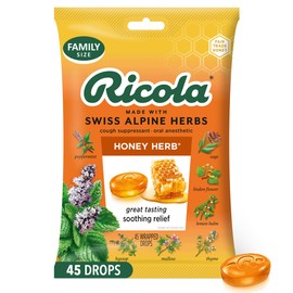 Ricola Ricola Honey Herb Cough Drops, 45 Count, Fair Trade Honey & Natural Menthol Cough Suppressant & Throat Relieving Drops, Great Tasting Relief for Coughs & Throat Irritation Symptoms