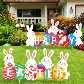 2 PCS Happy Easter Yard Signs Easter Bunny and Egg Lawn Signs with Stakes Large Plastic Bunny Lawn Yard Stakes for Outdoor Garden Lawn Yard Easter Hunt Game Party Props Decorations