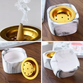 Mini Marble-Patterned Ceramic Incense Burner with Brass Tray for Bakhoor, Resin, and Cones, 2.75 x 2.75 x 1.5 inches; Ideal for Maison d'Orient Charcoal Briquettes (33mm & 44mm)