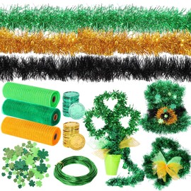 Yunlly 19 Pcs Green Tinsel Garland Decoration Include Green Tinsel Garland Lucky Coins Shamrock Cutouts for Wedding Carnival Mardi Gras St. Patrick's Day Parade Float Party Favor Home Window Decor