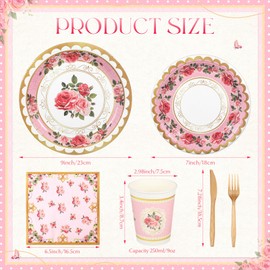 Willinglong 150 Pcs Floral Tea Party Supplies for 25 Guests, Paper Plates Cups Napkins Knives Forks for Spring Wedding Baby Showers Birthdays Mother's Day(Pink,Flower)