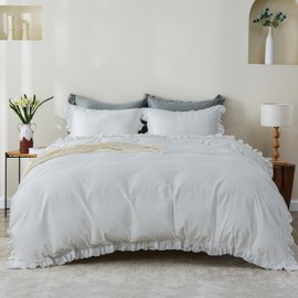 Simple&Opulence Kids 100% Organic Cotton Duvet Cover Ruffle- 3 Pcs (1 Comforter Cover 2 Pillowcases) Lace Shabby Chic High End Boho Floral Frill Bedding Set(White, Full)