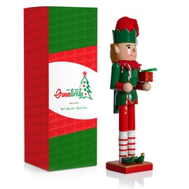 Ornativity Christmas Elf Holiday Nutcracker – Red and Green Wooden Elf with Candy Cane and Gift Box Xmas Themed Holiday Nut Cracker Figure Decorations 15"
