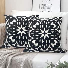 Alysheer Embroidered Decorative Throw Pillow Covers 18"x18" Set of 2 Pieces, Classic Boho Mandala Knit Pattern, Durable 100% Cotton Canvas Cozy Cushion Cases for Sofa Couch Living Room (Black)