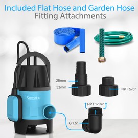 SereneLife 1/2HP Sump Pump Submersible, 1980GPH Water Pump for Pool Draining with Auto Float Switch, 3pc Adapter Set for USA Garden and Flat Hose, 16ft Cord, Clean Dirty Water, Yard, Pool, Tub, Pond