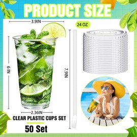 Eaasty 50 Set 24 oz Clear Plastic Cups with Spoon Straws and Flat Lids Disposable Iced Coffee Dessert Yogurt Cups for Party Cold Beverages Smoothies Drinks Stand Juice Milkshakes