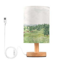 YETTASBIN Cow Forest Bedside Table Lamp, Small LED Desk Light USB Nightstand Lamp with Non Slip Wood Base & Eye-Friendily Lampshade for Living Room Bedroom Dorm Home Office Desk Decor