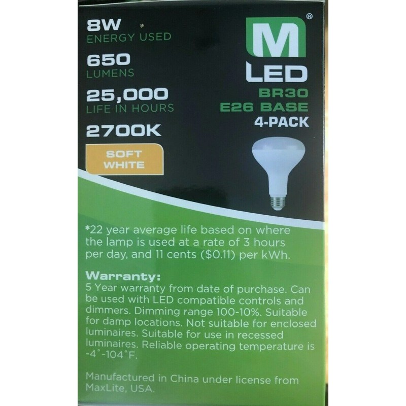 MaxLite 4 Bulbs Maxlite BR30 E26 LED Light Bulbs 8W