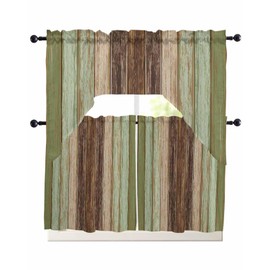 Sage Green Brown Wooden Swag Kitchen Curtains Valance and Tier Set 36 Inch Length, Vintage Rustic Farmhouse Wood Plank Rod Pocket Swag Curtains for Living Room Bedroom Bathroom Window Drapes 3 Piece