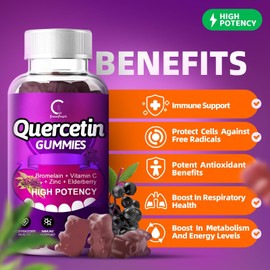 Quercetin Gummies - Quercetin with Bromelain, Vitamin C, Zinc & Elderberry, Extra Strength Immune System Booster, Lung Support Supplement for Adults Kids - 60 Quercetin Gummies (2 Pack)
