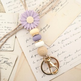 MyfavoriteK Flower Teacher Lanyards ID Badge and Key Chain, Cute Silicone Beads Lanyard for Women Nurse Work Student (Lavender)