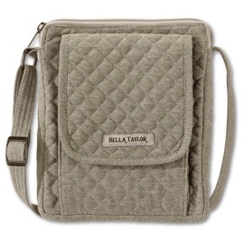 Bella Taylor Mini Crossbody Purse with Built In Wallet, Quilted Cotton Khaki Chambray