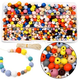 Colourful Wooden Beads, Craft Beads for Threading, Natural Round Wooden Beads Set, Wooden Beads for DIY Jewellery Craft Decoration, Matte Colour