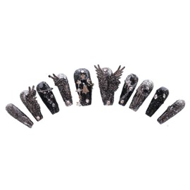PN-024 Press-On Nails Lacquered Pack of 10 Reusable Artificial Premium Nails Trap Angel Wings Moon Rose Metallic Black