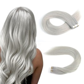Sassina Tape in Remy Human Hair Extensions 20 Inch Seamless Invisible Tape in Hair Extensions Human Hair Silver Gray 50 Gram Double Side Tape in Extensions 20pieces, #Grey
