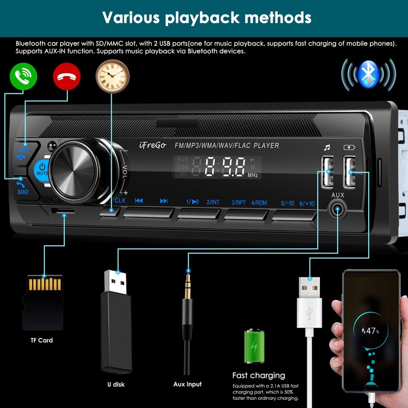 iFreGo Car Radio Bluetooth, Single DIN Car Stereo,FM Radio,Car Audio