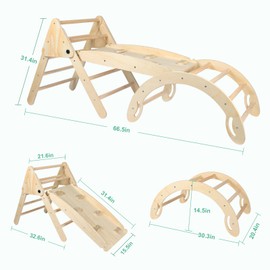 Pikler Triangle Kids Climbing Toys Set, 5 in 1 Foldable Wooden Indoor Triangle Set with Triangle Ladder, Climbing Ramp, Arch Climber, Rocker, and Slide for Montessori Gym Toys for Children (Small)