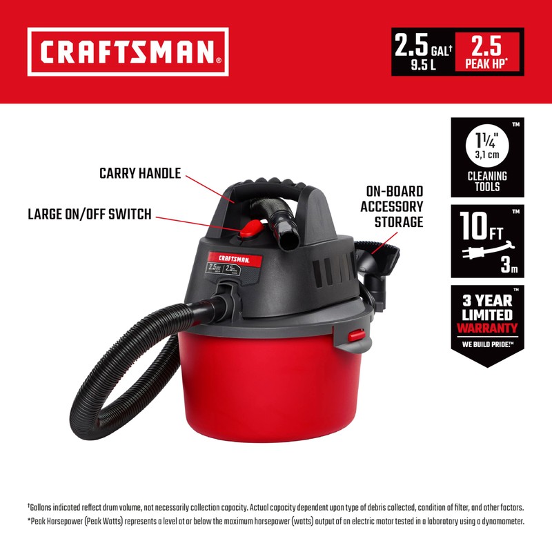 CRAFTSMAN CMXEVBE17250 2.5 Gallon 2.5 Peak HP Wet Dry Vac,