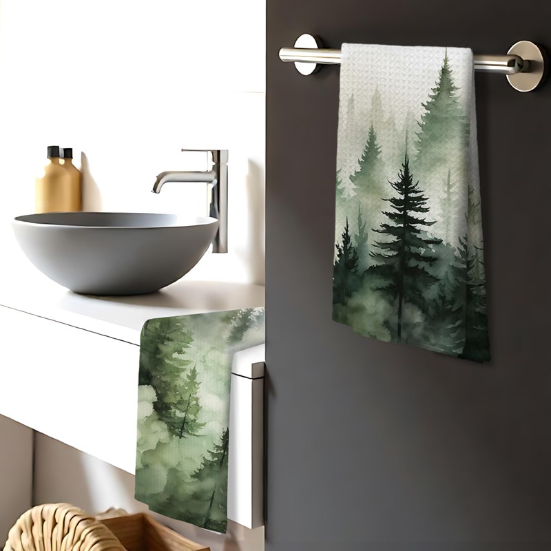 Nipil Mountain Forest Green Kitchen Towels Set of 2,Forest Bathroom