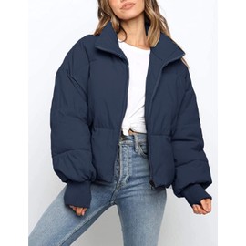 Muchpow Women's Winter Quilted Jacket Long Sleeve Full Zipper Short Warm Jacket With Pockets(Navy,X-Large)