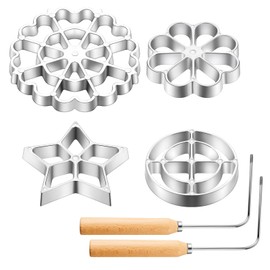 Ziliny 6 Pcs Rosette Iron Mold Set Bunuelos Mold with Handle Cooking Stamp Maker Kit Cookie Cutter Aluminum Alloy Waffle Maker with 3 Interchangeable Head Star Flower Circle(Wood)