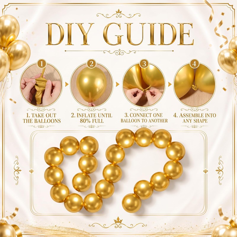 Gejoy 200 Pcs Link Balloons Latex Party Decor,Metallic Gold,10 Inch