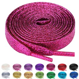 Olukssck 2 Pairs Glitter Shoelaces for Sports Shoes and Trainers, Coloured Flat Shoe Laces, 10 mm Wide, Dark Pink, 120 cm