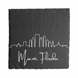 Blue Ridge Mountain Gifts - Miami FL Skyline Coasters, Set of 4 - Miami Florida Souvenir, Slate Coasters with Minimalist Skyline, Housewarming Gift for Friends, Family, & Neighbors