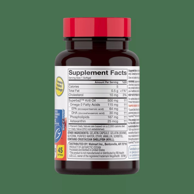 Equate Extra Strength Krill Oil Dietary Supplement, 500 mg, 45