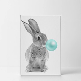 Smile Art Design Cute Bunny Rabbit Animal Bubble Gum Art Teal Blue Canvas Print Black and White Wall Art Home Decoration Pop Art Living Room Kids Room Decor Nursery Ready to Hang Made in The USA 12x8