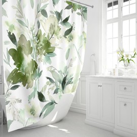 MAYZUS Olive Green Shower Curtain 60x72, Watercolor Black Floral Shower Curtain for Bathroom, Modern Abstract Flower Decorative Fabric Shower Curtain Set with Hooks