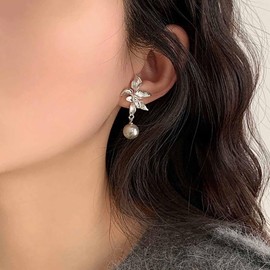 Cybche Boho Pearl Flower Earrings Grey Pearl Drop Earrings Silver Flower Stud Earrings Flower Earrings Wedding Pearl Dangle Earrings Jewellery For Women, Zinc, No Gemstone