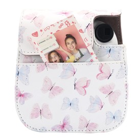 Frankmate Protective Case Compatible with Instax Mini 12 11 9 8, PU Leather Camera Bag with Small Photo Album and Adjustable Shoulder Strap (Blue Pink Butterfly)