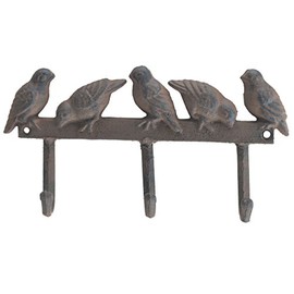 FLAG EMOTES Cast Iron Wall Hook Rack Birds On Fence 3 Hooks Coat Towel Kitchen Utensils 10" Wide