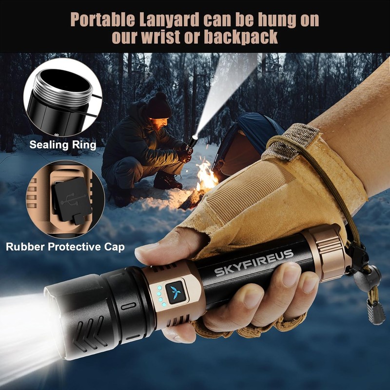 SKYFIRE Rechargeable Flashlight High Lumens,8000mAh Super Bright Flashlight,Zoomable,4 Modes,Waterproof LED