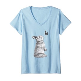 Womens Bunny Loves Butterfly Cute Easter Drawing V-Neck T-Shirt
